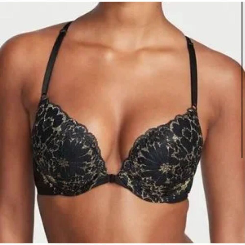 NWT Victorias Secret 34DD Black & Gold push up bra front close sexy back